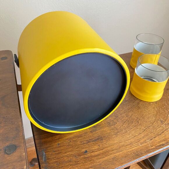 Vintage Yellow Vinyl Ice Bucket w Rocks Glasses Vinyl Cover Bar Set Mid-Century - Picture 6 of 8